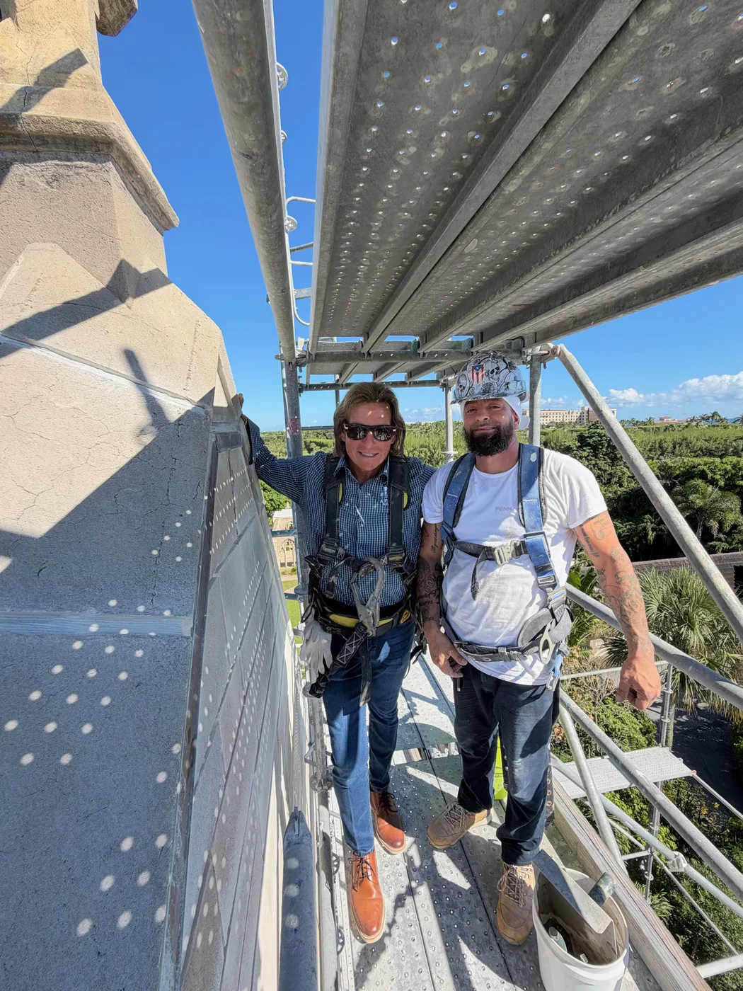 Paul Pennacchi Sr. and Paul Pennacchi Jr. on the scaffolding at the Church of Bethesda-by-the-Sea in Palm Beach