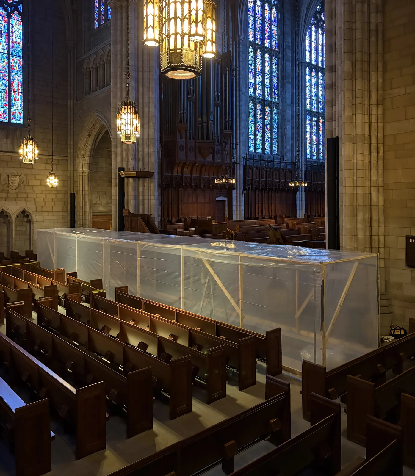 Protective enclosure built over the work area inside the Princeton University Chapel.